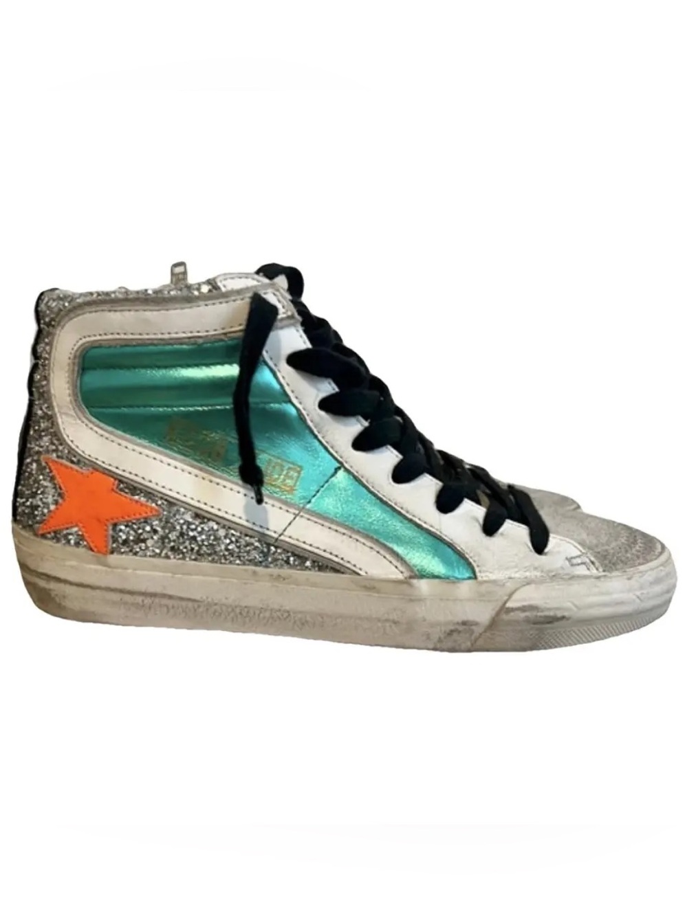 Golden Goose Silver Glitter Slide Sneakers with Teal Tongue